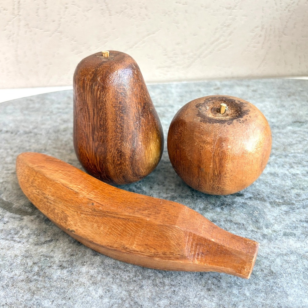 Vintage Action Country Craftsmen Monkey Pod Wood Fruit Set Apple Pear Banana